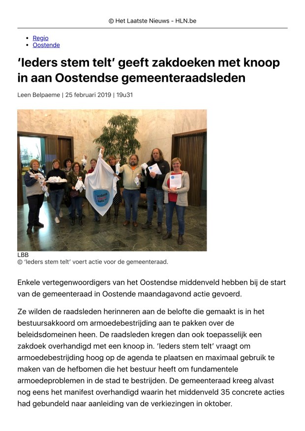 ‘Ieders stem telt’ geeft zakdoeken met ...nteraadsleden | Oostende | Regio | HLN